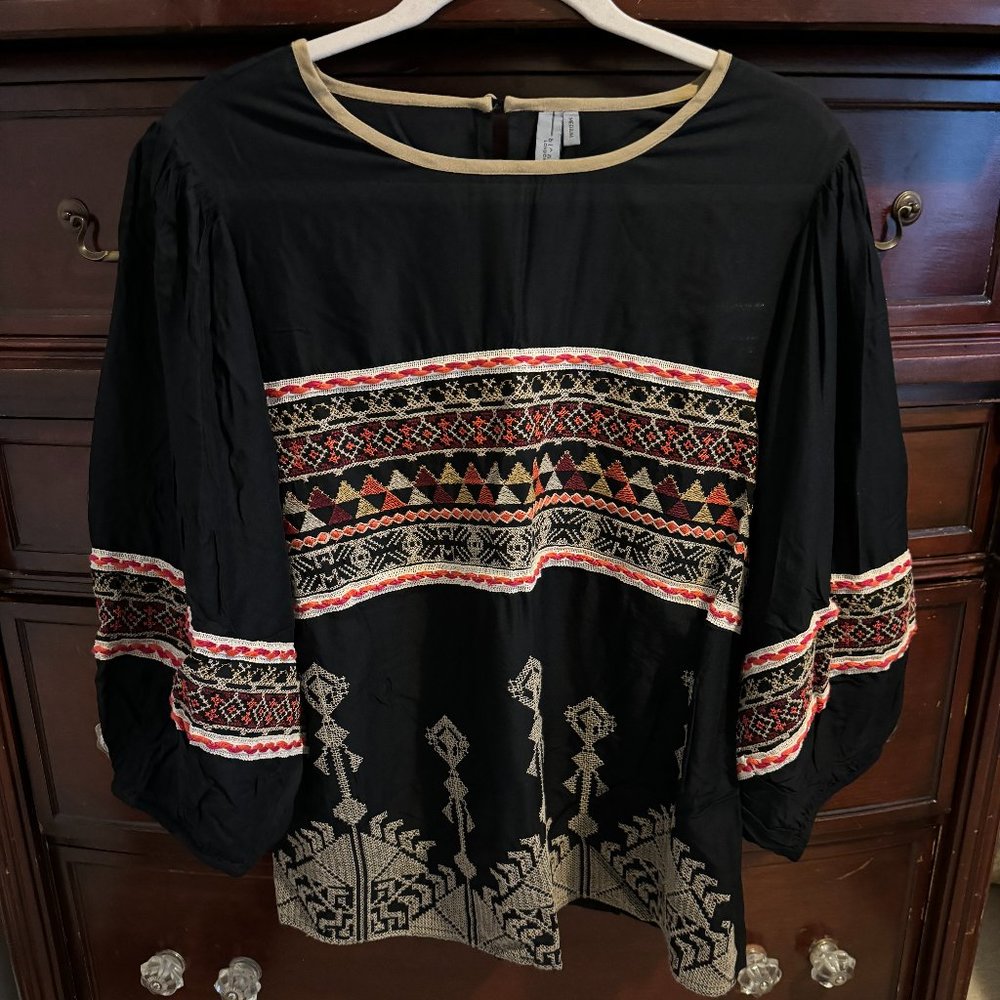 Anthropologie Bl-nk Embroidered Puff Sleeve Boat Neck Top - Size M